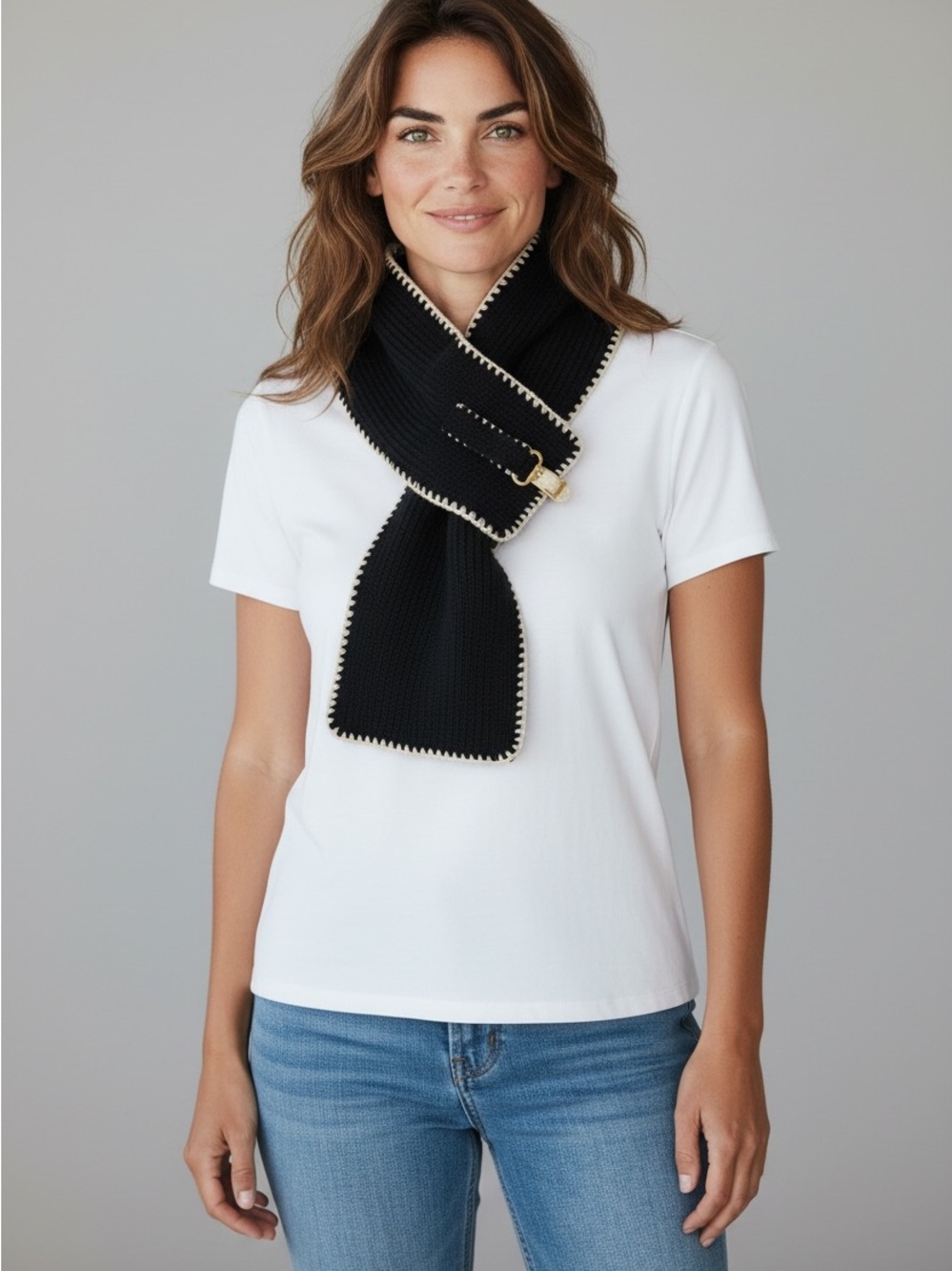 Scala Black Scarf with Cream Trim and Buckle